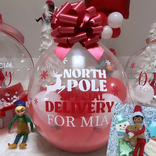CUSTOM BALLOON - ELF POP BALLOON WITH HOLIDAY BATH BOMBS (PRICE DOES NOT INCLUDE ELF)