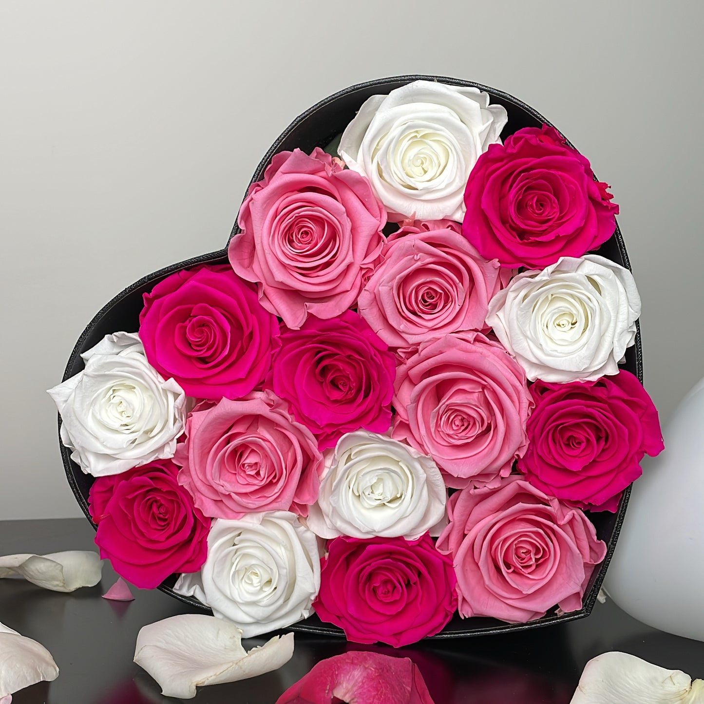 VALENTINE'S HEART BOX - PRESERVED ROSES WITH BALLOON